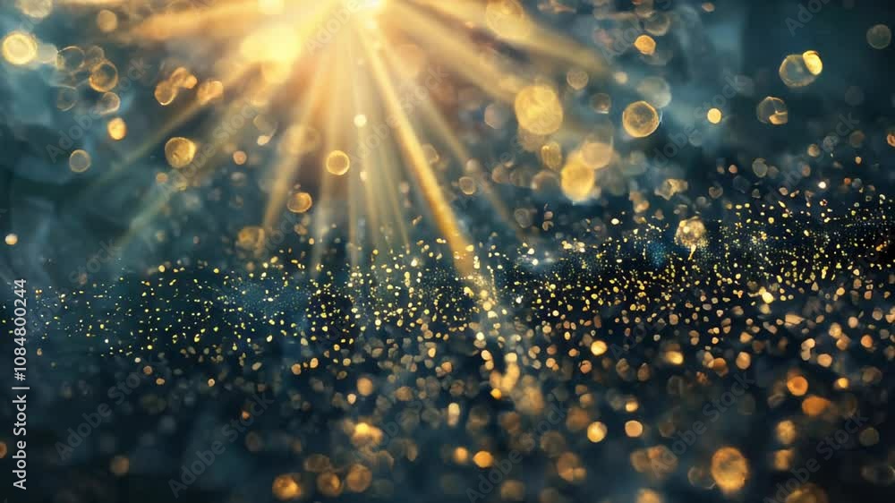 Poster golden light rays and sparkling bokeh lights on a dark background, creating a warm, magical, and atm