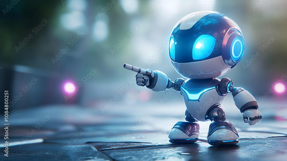 Aufkleber 3d render of a futuristic robot pointing, indicating a direction in a cityscape background