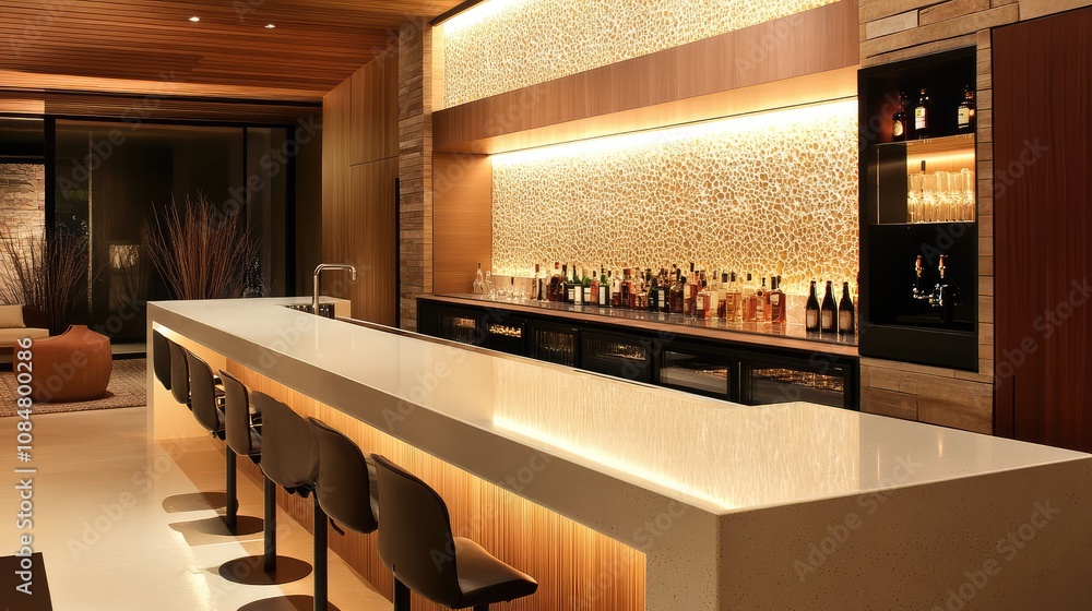 Poster modern luxury home bar with stylish counter and ambient lighting featuring an array of fine spirits 