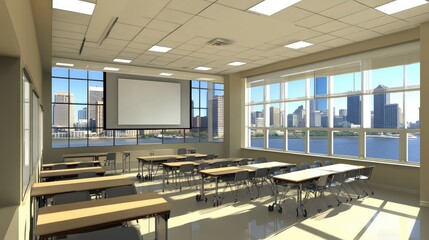 Fototapeta premium Modern Classroom with Large Windows Overlooking City Skyline, Natural Light Flooding the Space, Ideal for Educational and Training Environments
