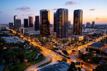 Fototapeta premium Realistic view of a bustling urban cityscape at sunset, with skyscrapers reflecting golden light and streets alive with traffic