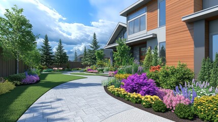 Naklejka premium Beautiful residential landscape design featuring colorful flowers, lush greenery, and a stone pathway leading to a modern home against a vibrant sky.