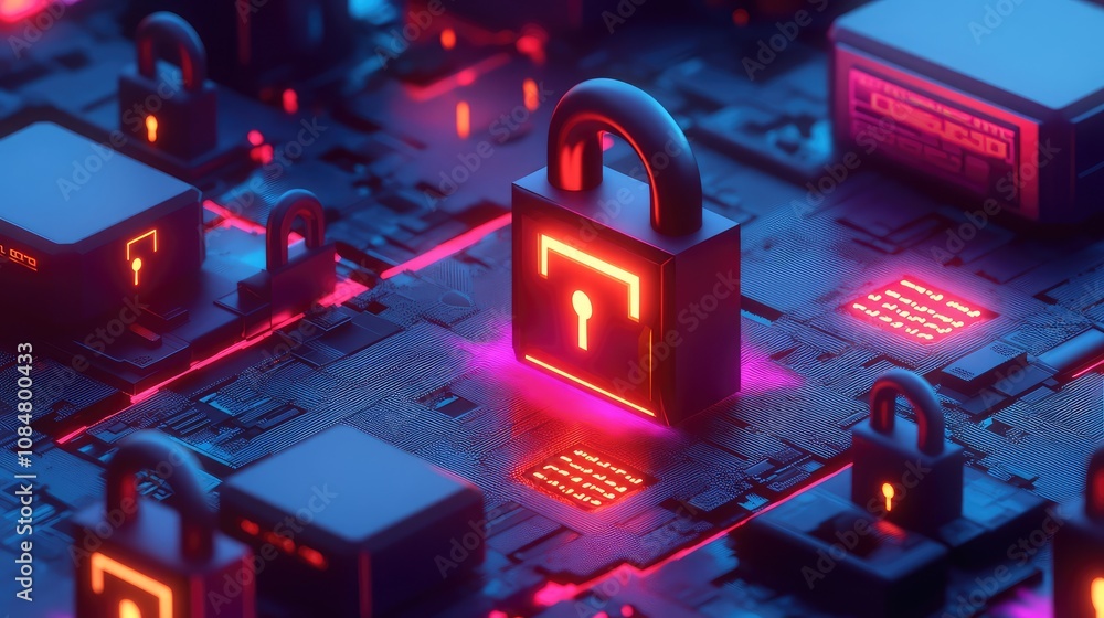 Poster futuristic digital security landscape featuring illuminated locks and circuitry in a dark cybernetic