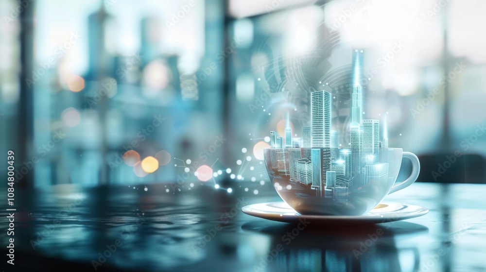 Poster a coffee cup with a digital hologram of a city skyline emerging from the steam, placed on a high-tec