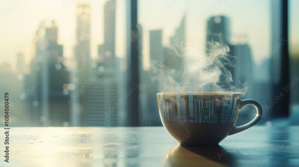 Poster a coffee cup with a digital hologram of a city skyline emerging from the steam, placed on a high-tec