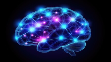 Abstract illustration of a glowing brain with interconnected neural networks showcasing concepts of intelligence, creativity, and cognitive processes in a digital style.