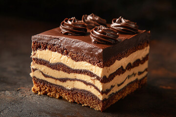 Close-up of a chocolate cake slice, showing intricate layers and rich frosting, on a dark background.