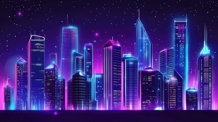 Futuristic Neon Skyline at Night with Vibrant Colors and Starry Background &ndash; Perfect for Illustrating Modern Urban Life and Technology Themes