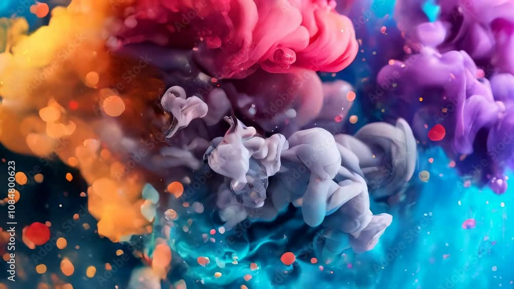 Poster a captivating abstract blend of colorful smoke swirls with neon lights and bokeh, creating a dynamic