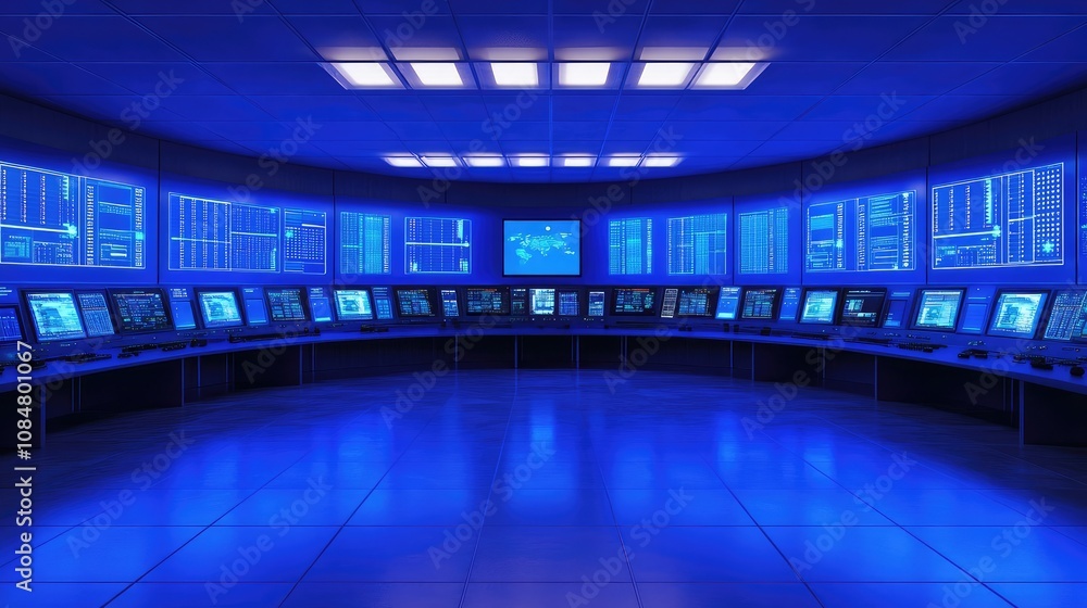 Poster high-tech control room with multiple screens and blue lighting for monitoring systems and data analy