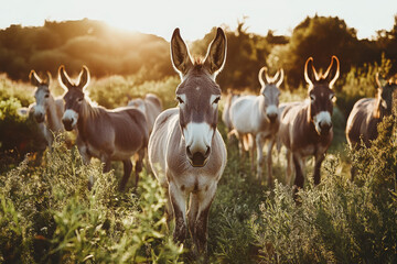 Obraz premium A group of donkeys stands in a sunlit field surrounded by greenery.