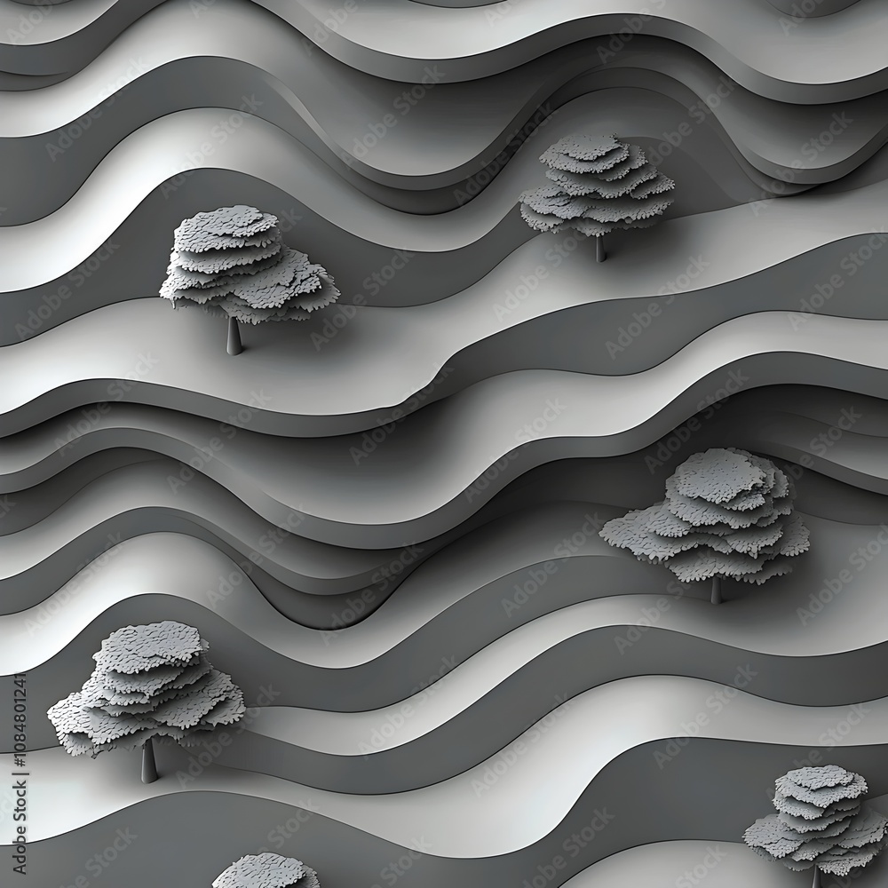 Poster a serene abstract landscape featuring undulating gray waves and stylized trees, creating a tranquil 