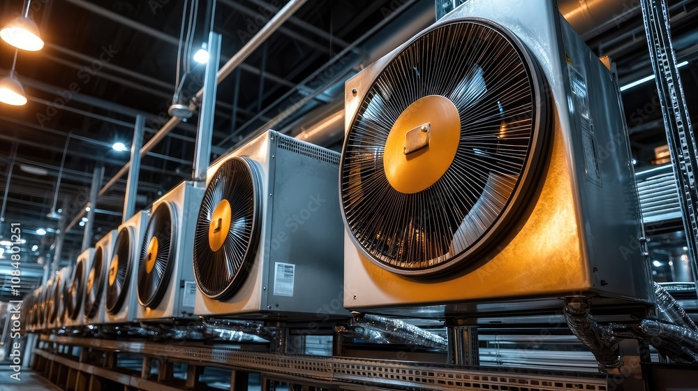 Poster industrial air conditioning units in a modern warehouse setting highlighting advanced cooling techno