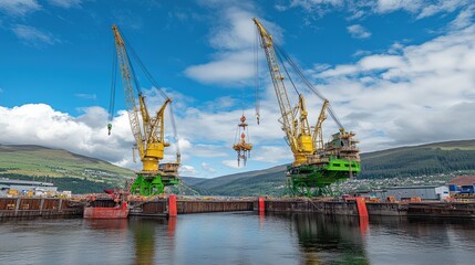 Obraz premium A Dynamic View of Offshore Cranes at Work in a Harbor Under a Clear Blue Sky with Vivid Green Mountains in the Background