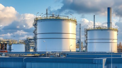 Industrial storage tanks at a modern facility against a backdrop of blue sky and clouds, showcasing advanced engineering and energy production infrastructure