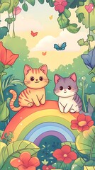 Two cute cats sitting on a rainbow amidst colorful flowers and a serene background.