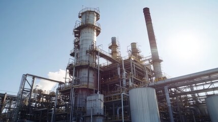 Industrial Plant Overview with Large Towers and Smokestacks Against a Bright Blue Sky, Capturing the Essence of Modern Manufacturing and Energy Production