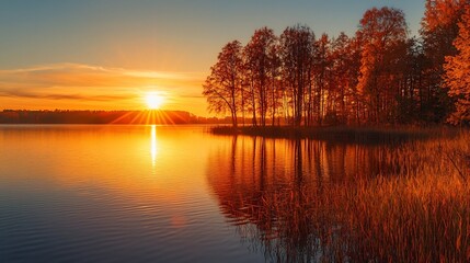 Fototapeta premium Autumn Water Reflection, Golden Sunset Reflecting on an Autumn Lake with Fiery Silhouetted Trees