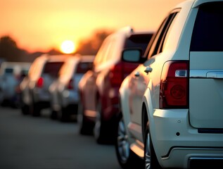 SUVs parked in a car dealership. automobile blur background buy and sell modern vehicle transportation SUV leasing sale crossover store showroom automotive park in city