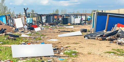 A cluttered area filled with debris and discarded materials in an industrial setting.