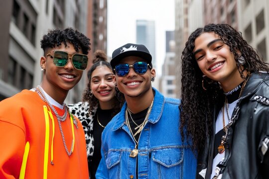 Group of Gen Z friends in trendy streetwear, laughing and taking selfies on a busy urban street, capturing friendship moments
