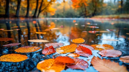 Autumn Water Reflection, Vibrant Autumn Reflection in Tranquil Forest Pond or Lake