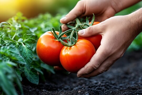 Hand picking fresh tomatoes from a vegetable garden, showing the natural greenery and soil