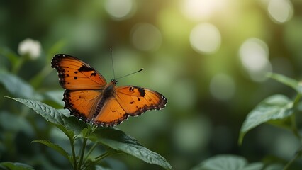 Fototapeta premium Nature view of beautiful orange butterfly on green nature blurred background in garden with copy space using as background insect, Generative AI