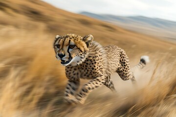 Obraz premium A cheetah running through tall grass in a blurred landscape.