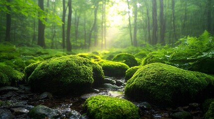 Outdoors Wilderness Moist, Moss-Covered Rocks in Lush,Humid Forest With Streaming Sunlight and Glistening Dew