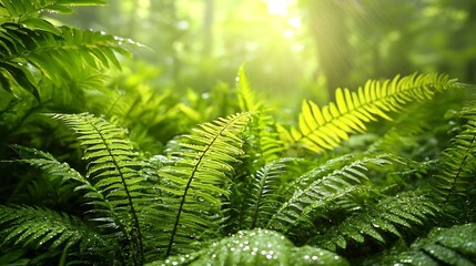 Outdoors Wilderness Moist, Lush Fern Foliage with Dew Droplets in Vibrant Green Forest