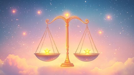 A heart-shaped scale with stars on each side, symbolizing the balance between love and self-care in the Libra zodiac sign