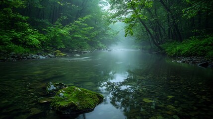Obraz premium Outdoors Wilderness Moist, Misty River in Lush Wilderness Reflecting Serene Tranquility