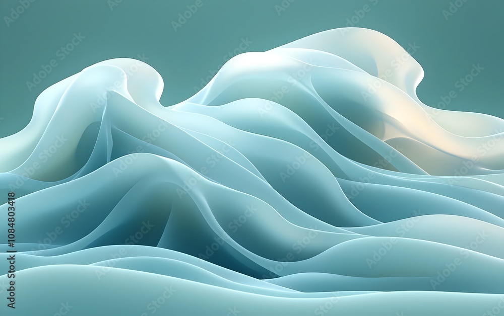 Poster a serene wave-like composition in soft shades of cyan and white, creating a tranquil and modern atmo