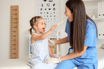 Female pediatrician checking cute little girl's throat in clinic