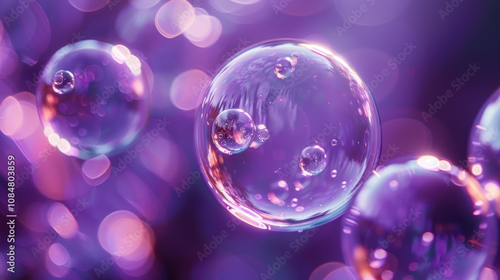 Poster abstract purple background with multiple transparent spheres floating on a gradient bokeh background
