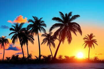 Fototapeta na wymiar Retro-style sunset wallpaper with warm gradient colors and silhouette of palm trees, 80s vibe