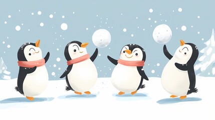 Fototapeta premium Four playful penguins enjoying a snowy day, tossing snowballs in a winter landscape.