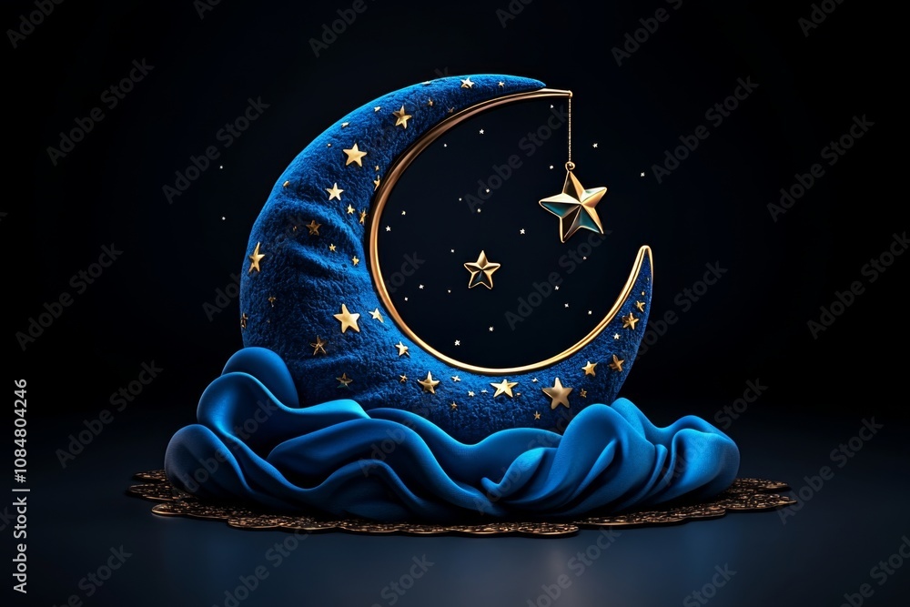 Poster simple design of a crescent moon with faint stars, minimalist style on a dark background