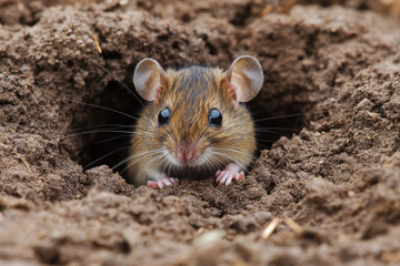 A small mouse peeks out from a burrow in the ground, showcasing its curious nature.