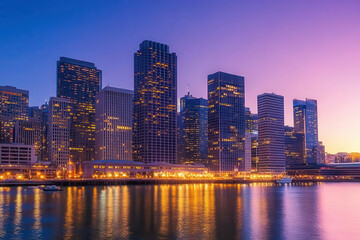 Obraz premium City skyline at dusk with illuminated buildings reflecting on water.