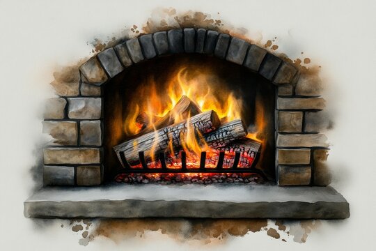 Soft watercolor painting of a rustic fireplace with flames glowing warmly and blending pastel hues