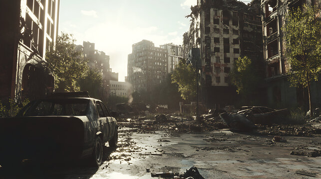 city ​​after apocalypse 3d rendering, post chaos all over the world