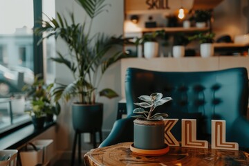 Fototapeta premium A small plant sits on a wooden table with a sign that says KLL