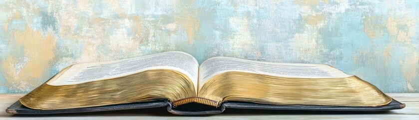 Obraz premium An open book with golden edges resting on a textured background.