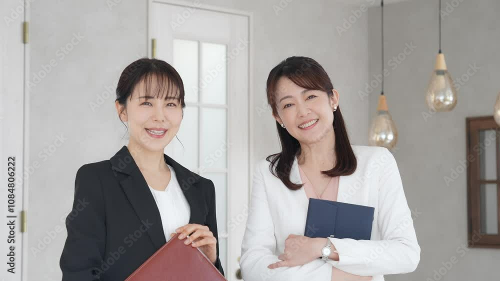 Fototapete 女性、ビジネス、ビジネスウーマン、キャリアウーマン、笑顔、オフィス、スーツ、二人、パートナー、チームワーク、同僚、上司、部下、外交員、アドバイザー、サポート、サービス、スタッフ、住宅展示場、モデルルーム、モデルハウス、住宅、ハウス、安心、リラックス、人材、職場、爽やか、明るい、ポジティブ、元気、グループ、仕事、保険、営業、訪問、販売、店舗、店員、会社員、経営、採用、仲間、ミドル、日本人、美人、室内
