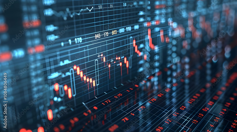 Poster close-up of a digital stock market display with red and blue candlestick charts indicating price flu