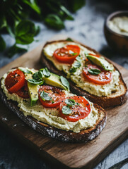 Two slices of bread topped with hummus, tomatoes, and avocado, served on a wooden board.