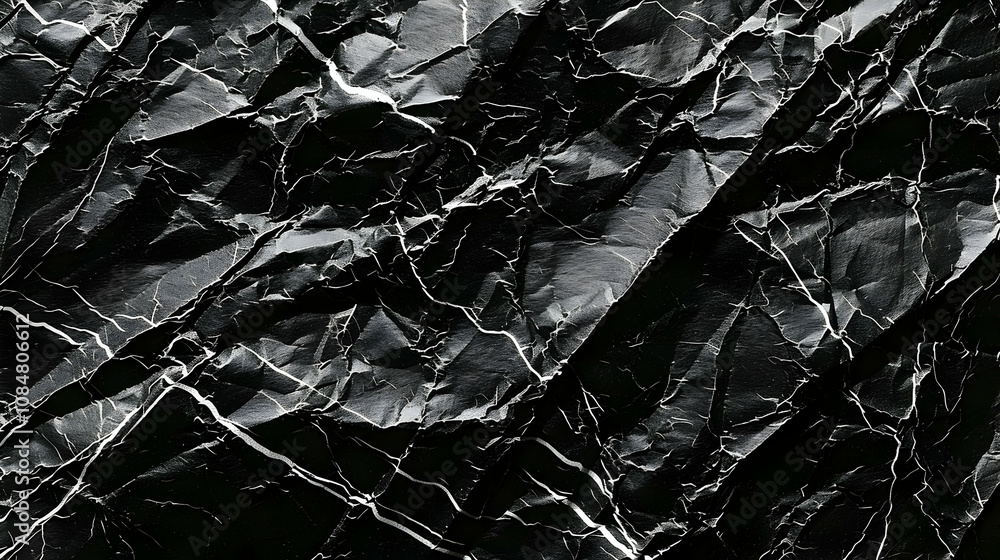 Poster abstract black and white crumpled paper texture - a monochromatic background with deep shadows and w