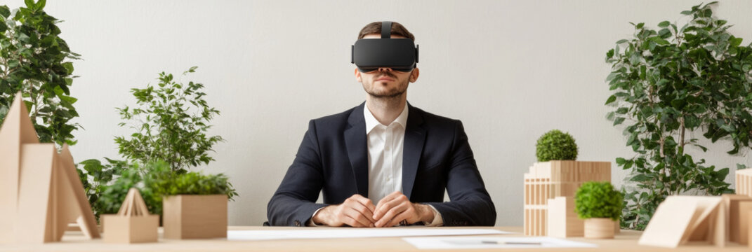 A man in suit is immersed in virtual reality, wearing VR headset while sitting at table surrounded by miniature architectural models and greenery. This scene captures intersection of technology and de